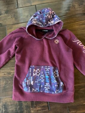 Hooey Girl’s Plum Crewneck Hoodie with Aztec Hood and Pocket